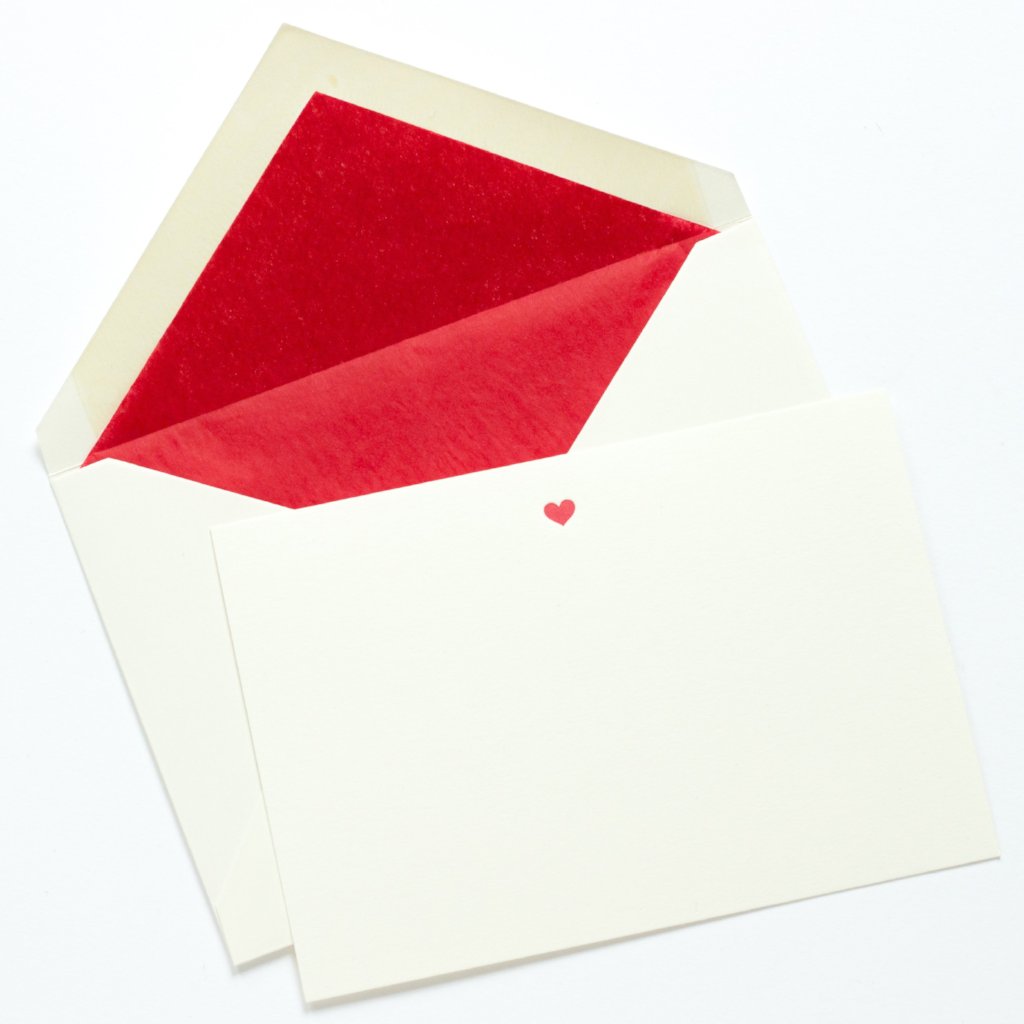 Single Letterpress Red Heart Correspondence Card with red tissue lined envelope