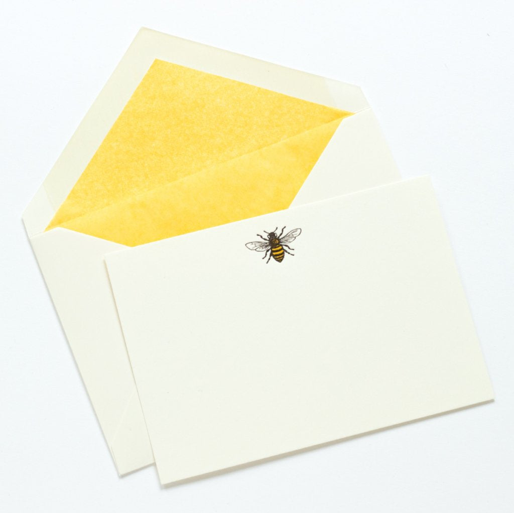 Single Honey Bee Letterpress Correspondence Card with yellow lined envelope