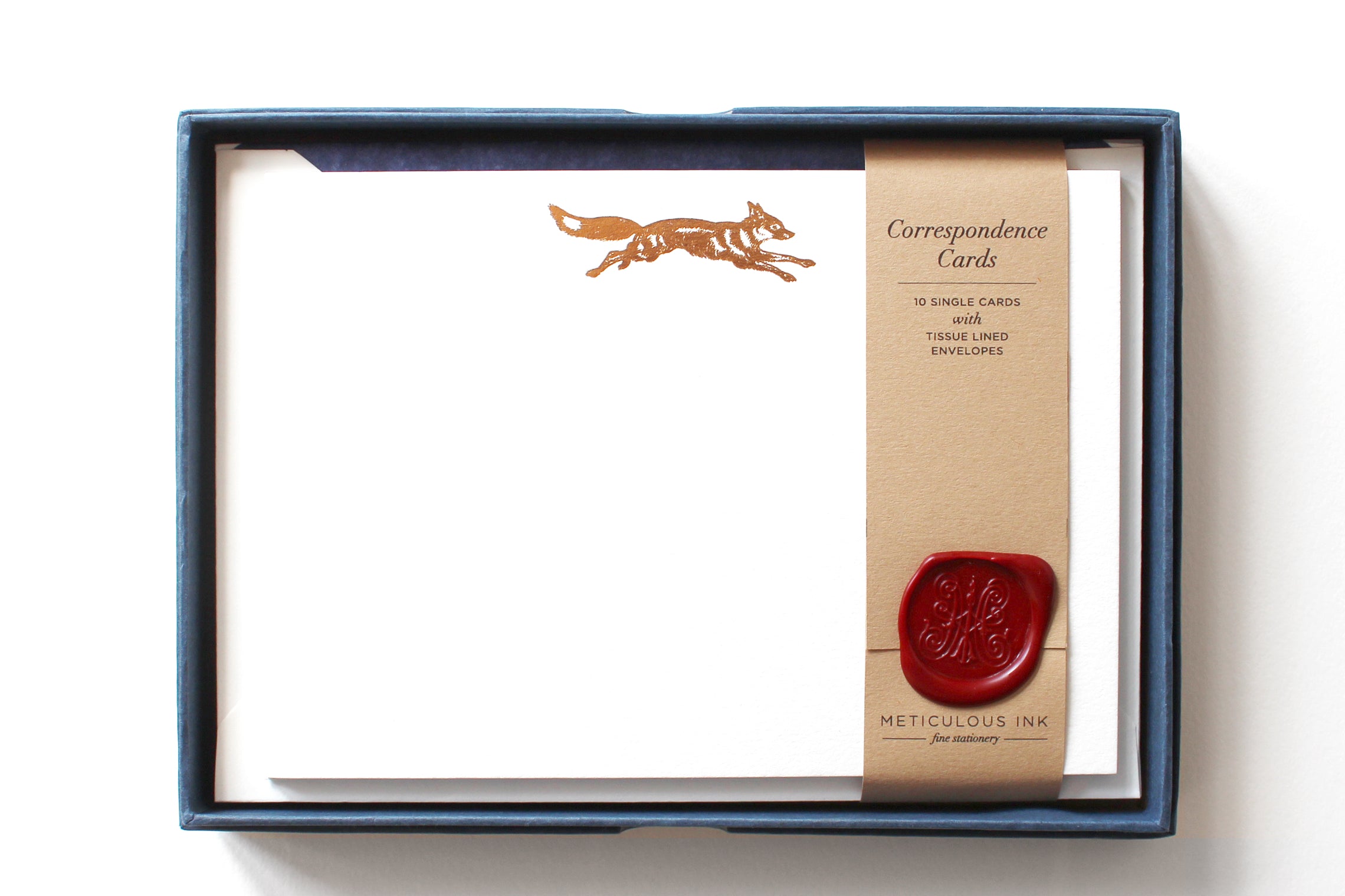 Copper Foil Fox Correspondence Cards in display box with wax seal
