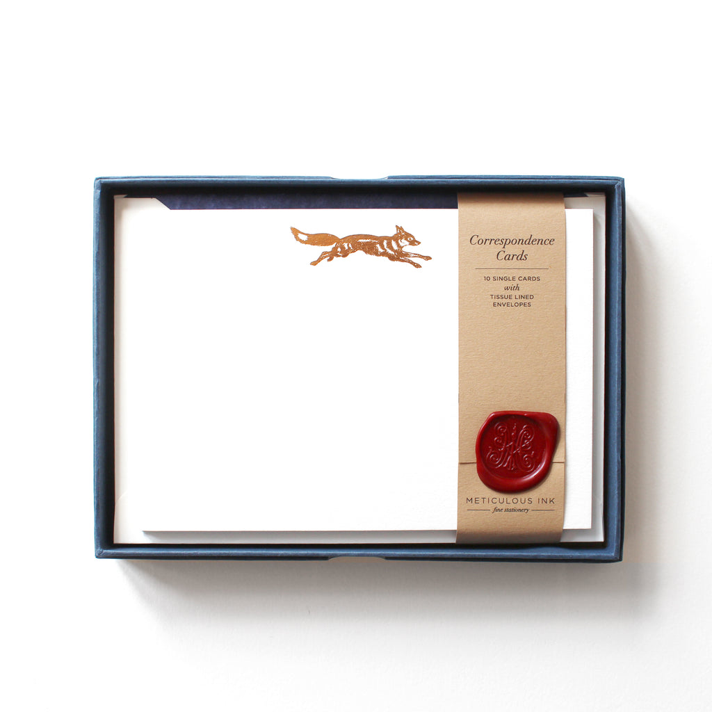 Copper Foil Fox Correspondence Cards in display box with wax seal
