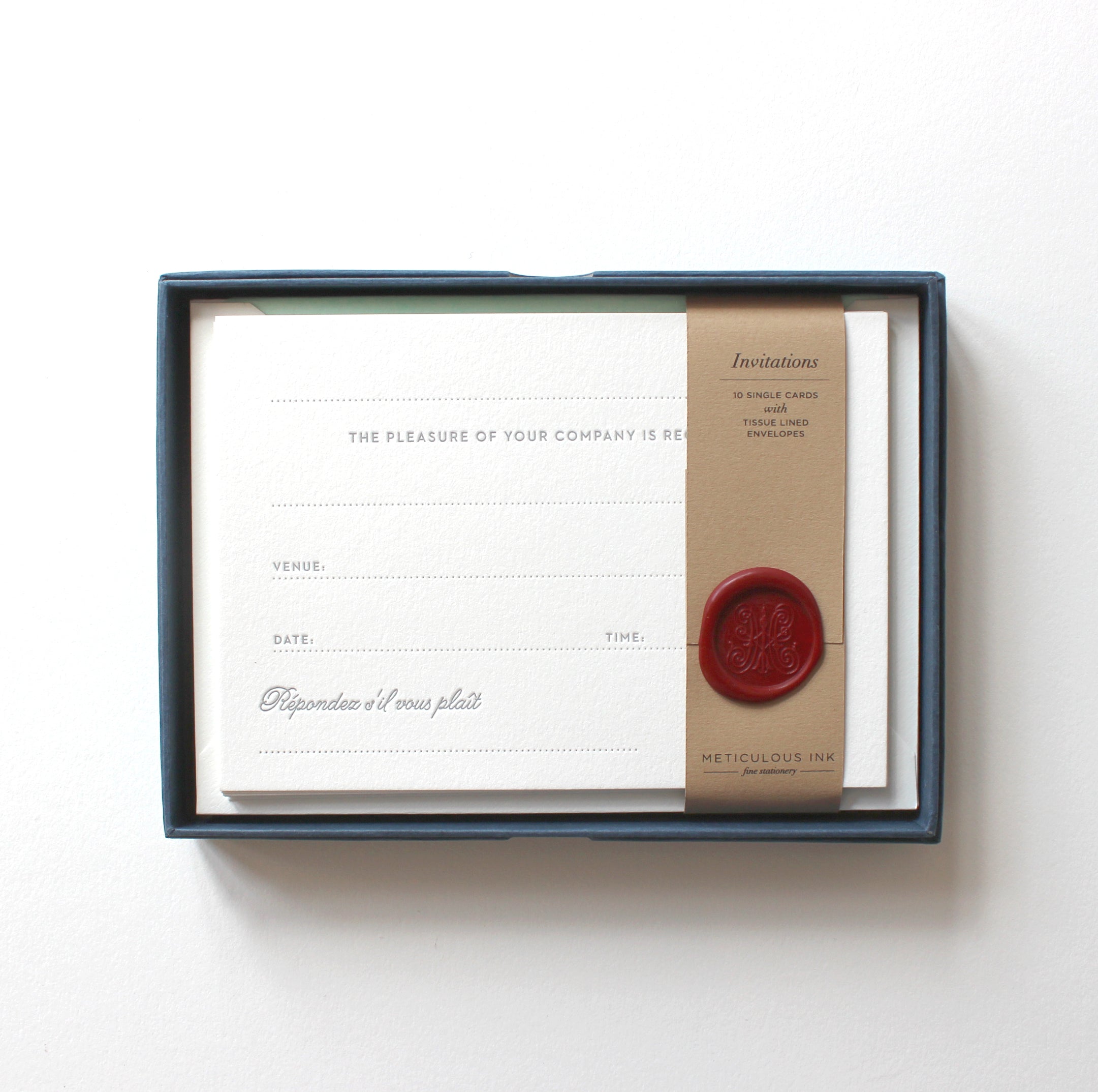 Letterpress Invitation Correspondence Cards in display box with wax seal