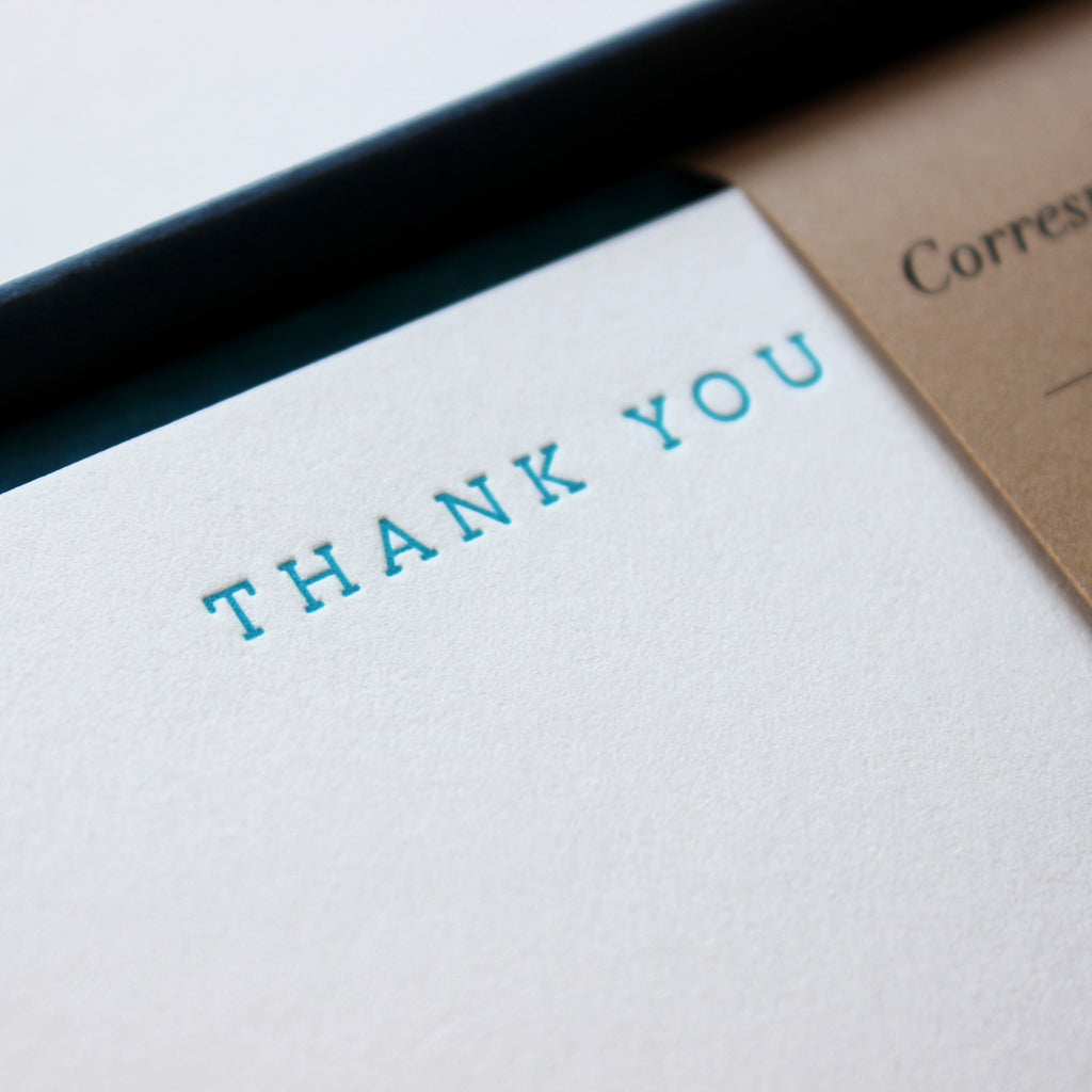 Teal Serif Thank You Letterpress Correspondence Cards in display box with wax seal