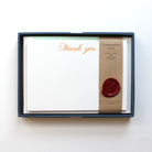 Orange Script Thank You Letterpress Correspondence Cards in display box with wax seal