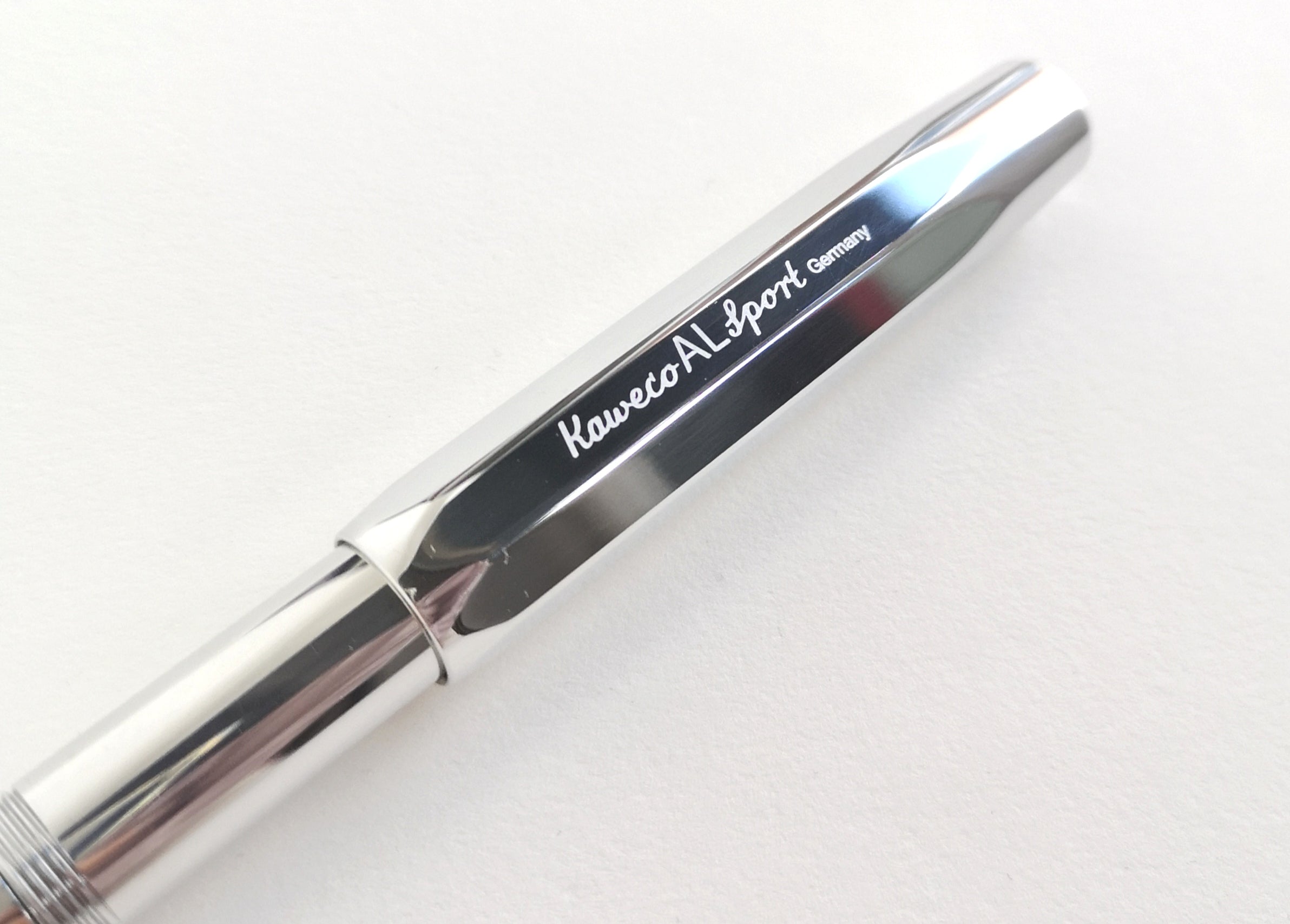 Close-up of shiny silver aluminium Kaweco Sport Fountain Pen cap