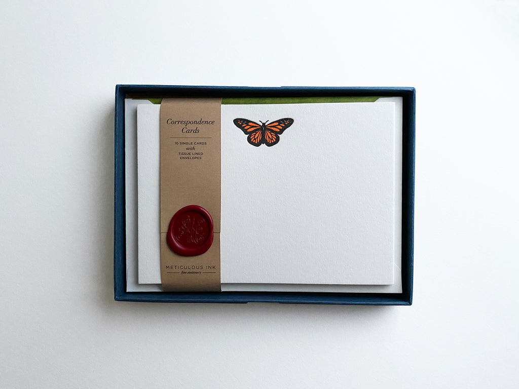 Monarch Butterfly Letterpress Correspondence Cards in display box with wax seal