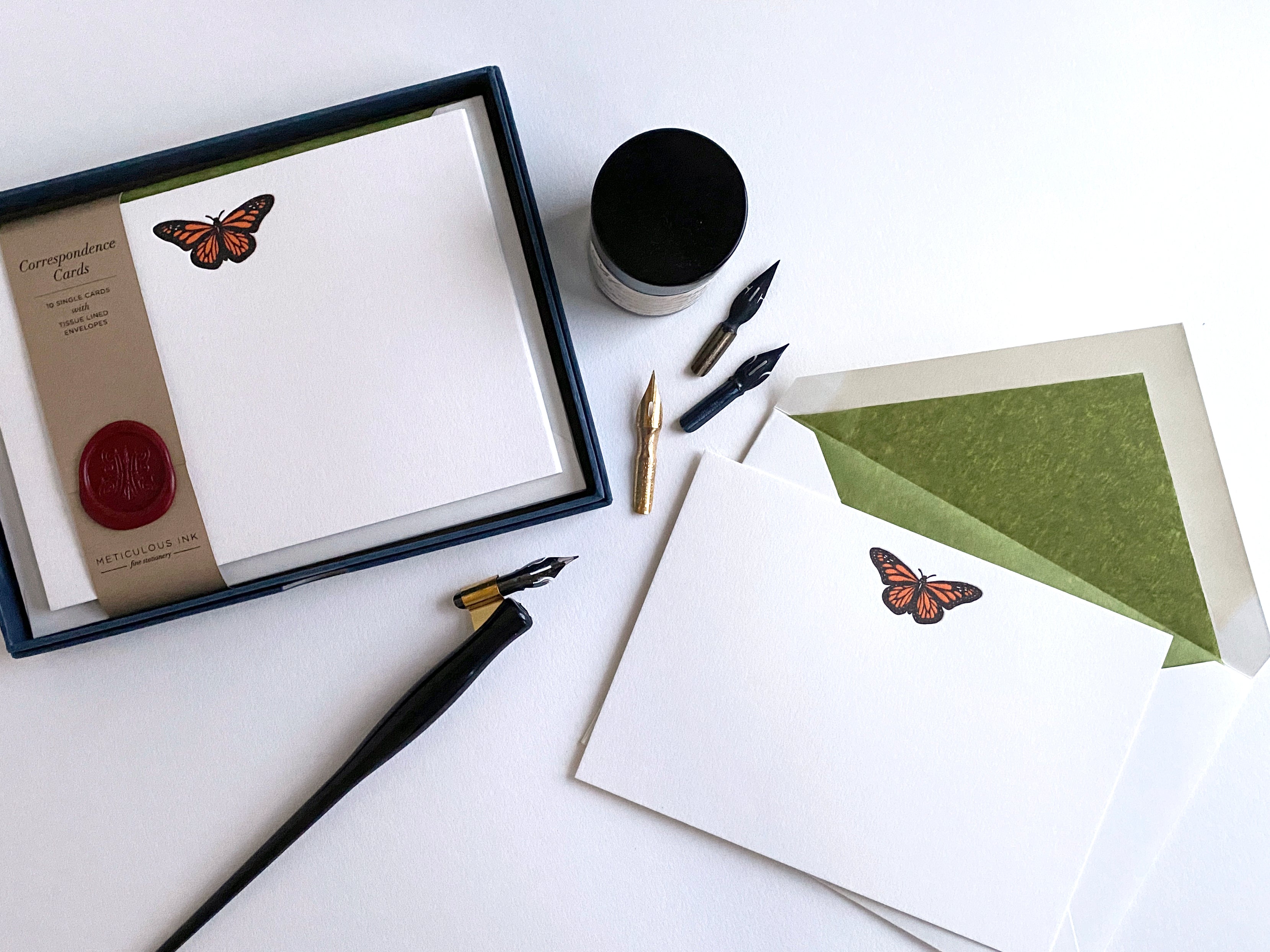 Monarch Butterfly Letterpress Correspondence Cards with nibs and ink