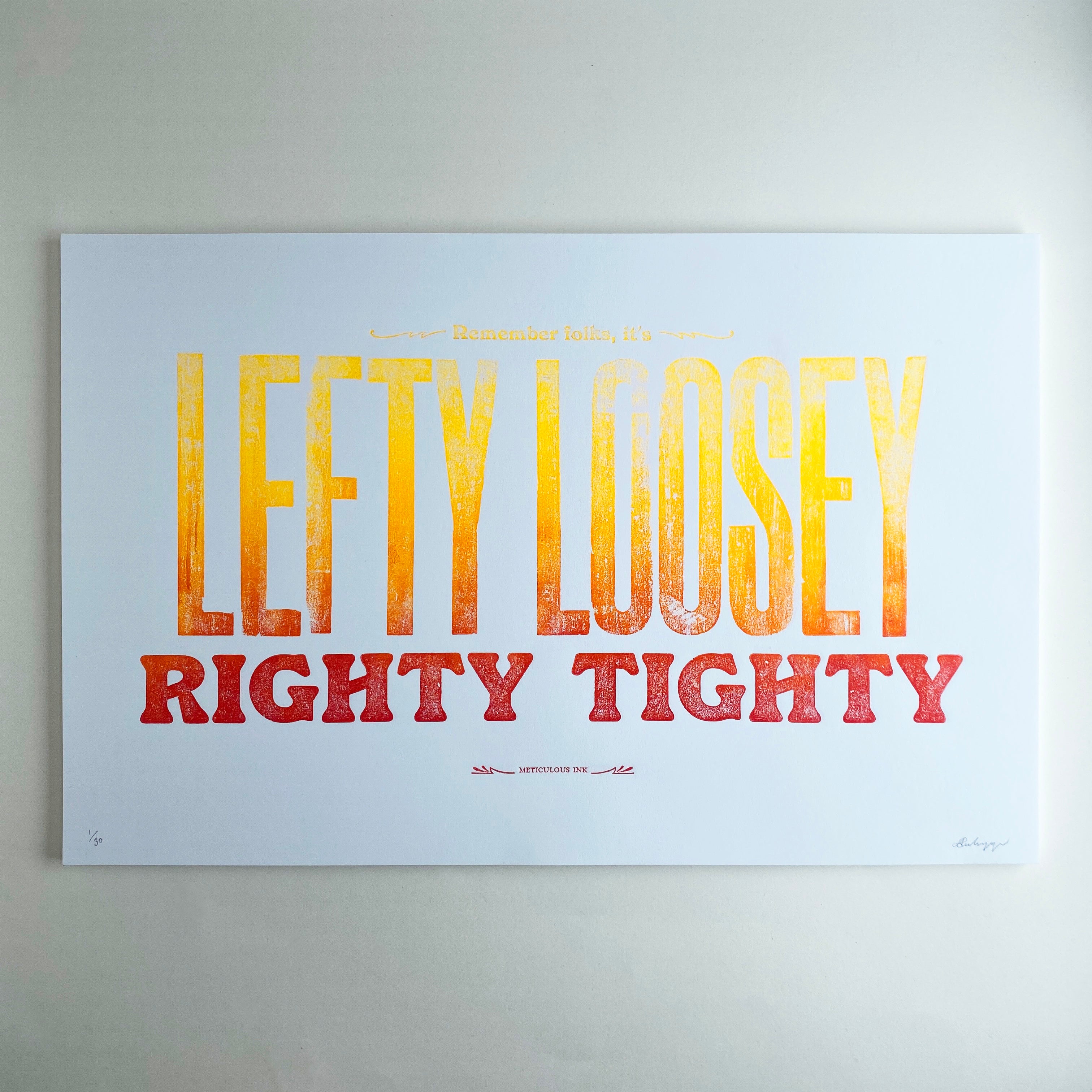 Lefty Loosey Righty Tighty Ombre Yellow to Red Letterpress Print