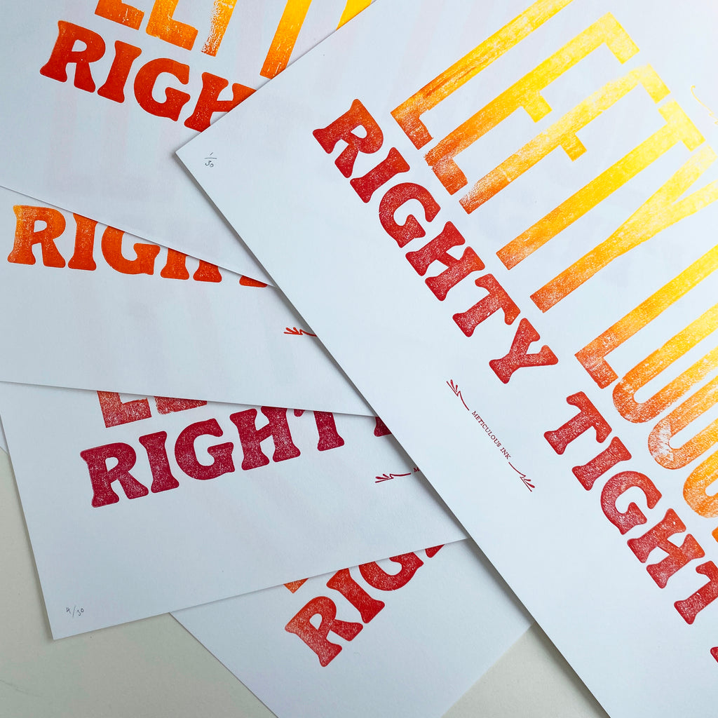 Selection of limited edition lefty loosey righty tighty letterpress art prints