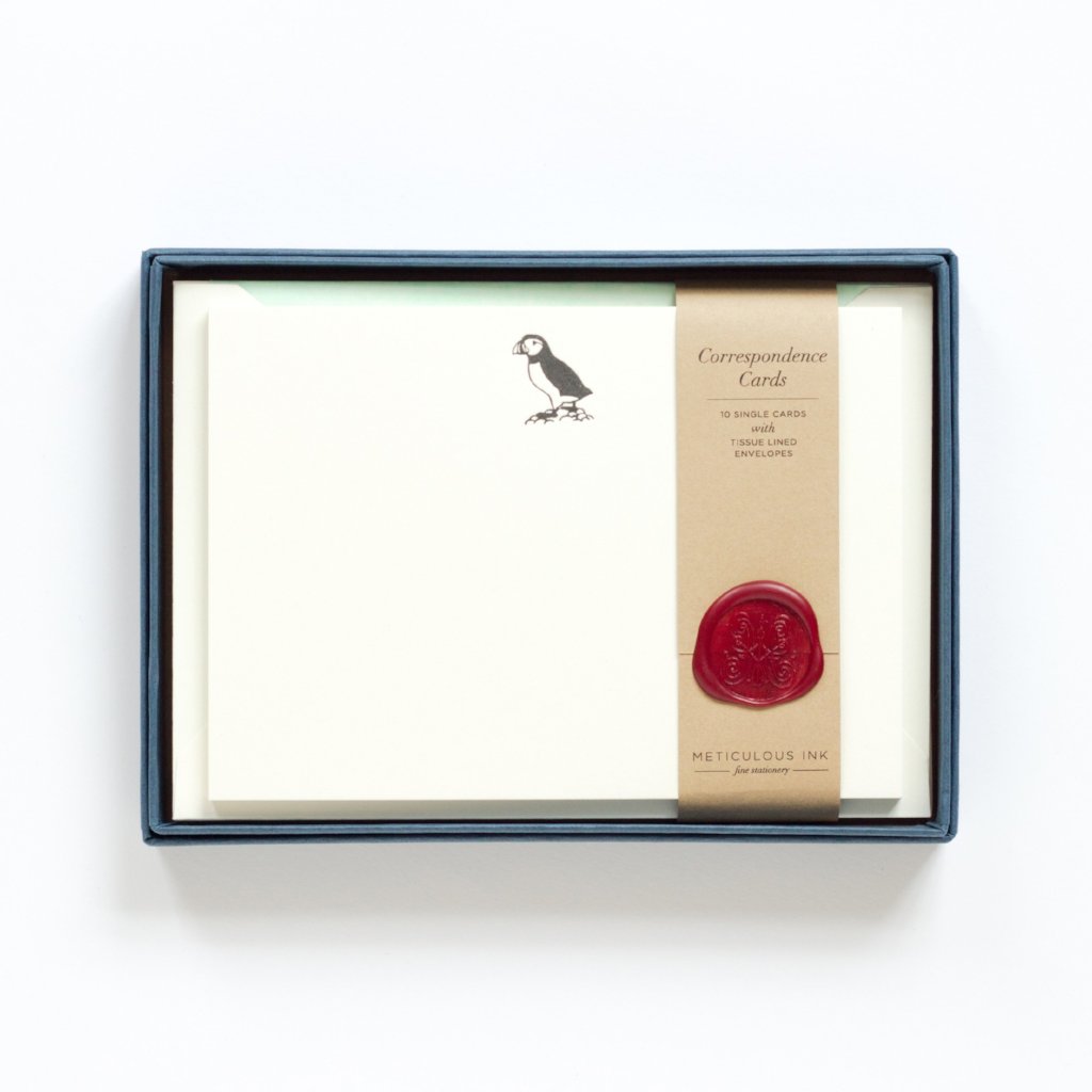 Puffin Letterpress Correspondence Cards in display box with wax seal