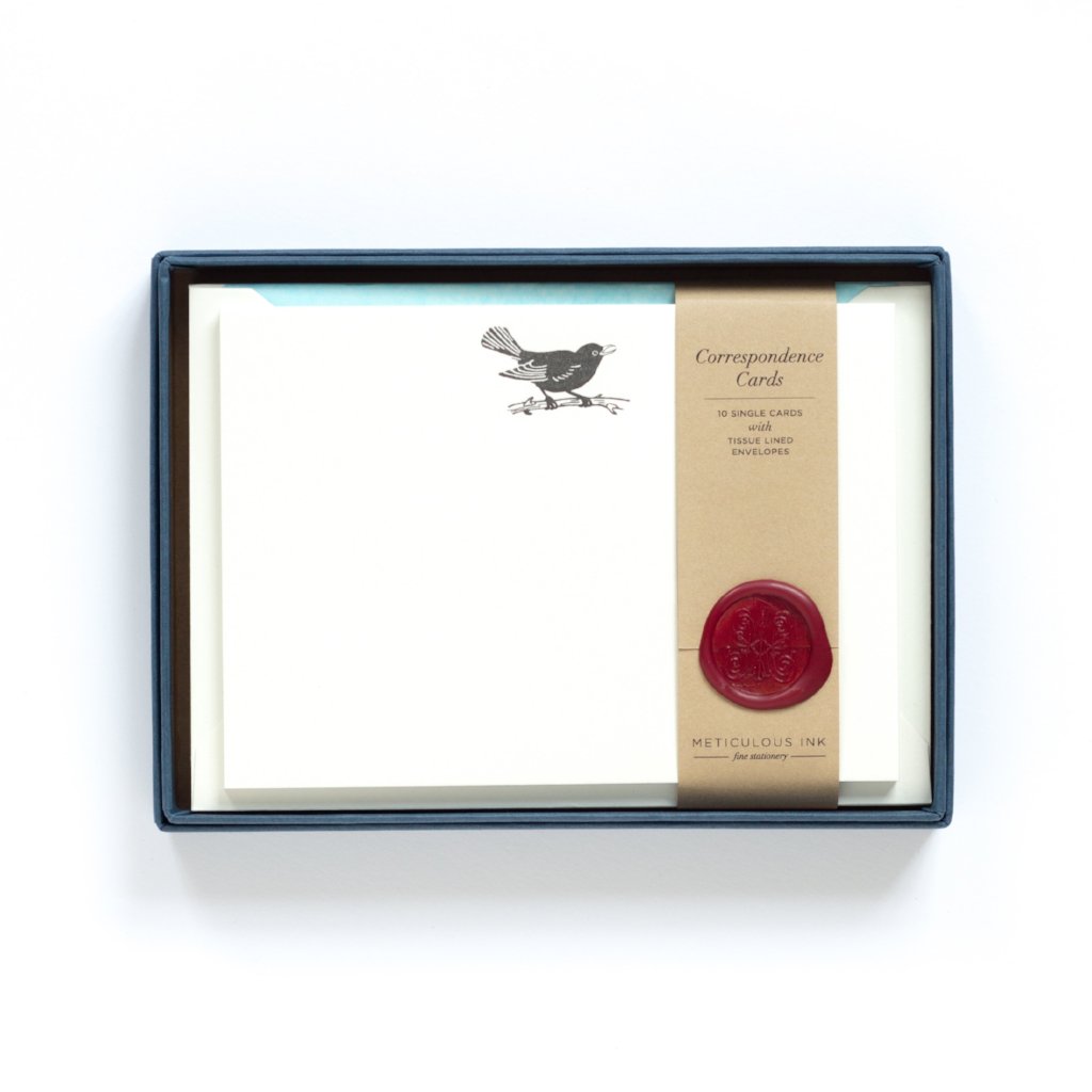 Blackbird Letterpress Correspondence Cards in display box with wax seal
