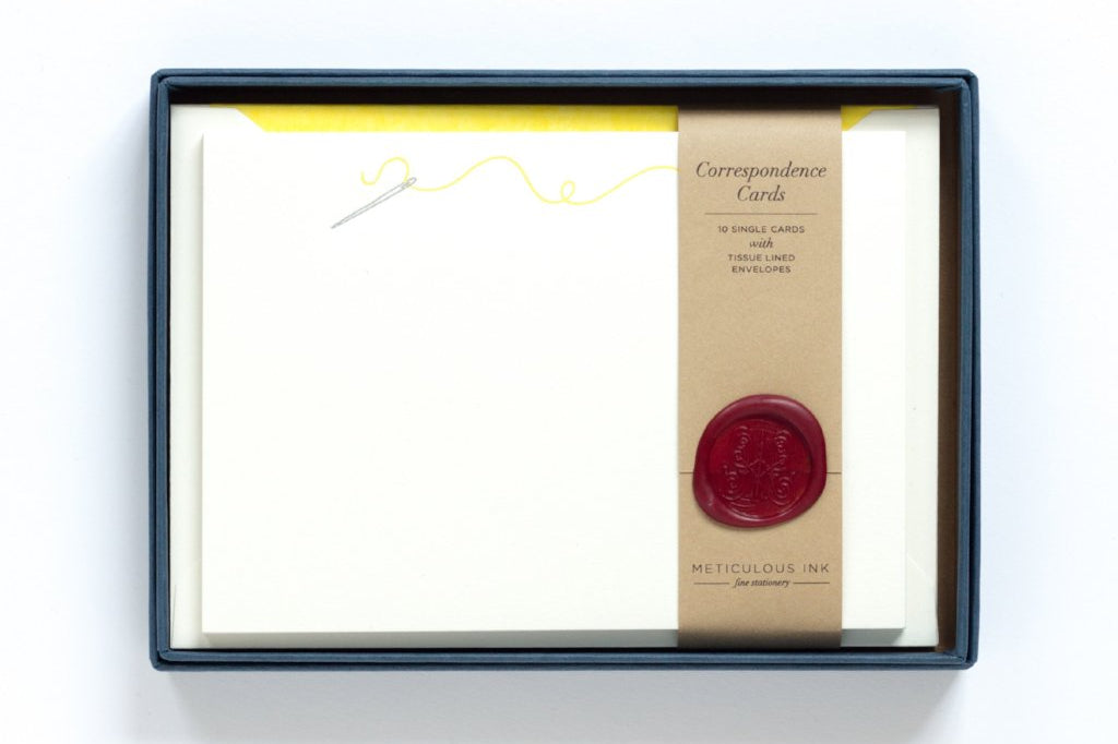 Sewing Letterpress Correspondence Cards in display box with wax seal