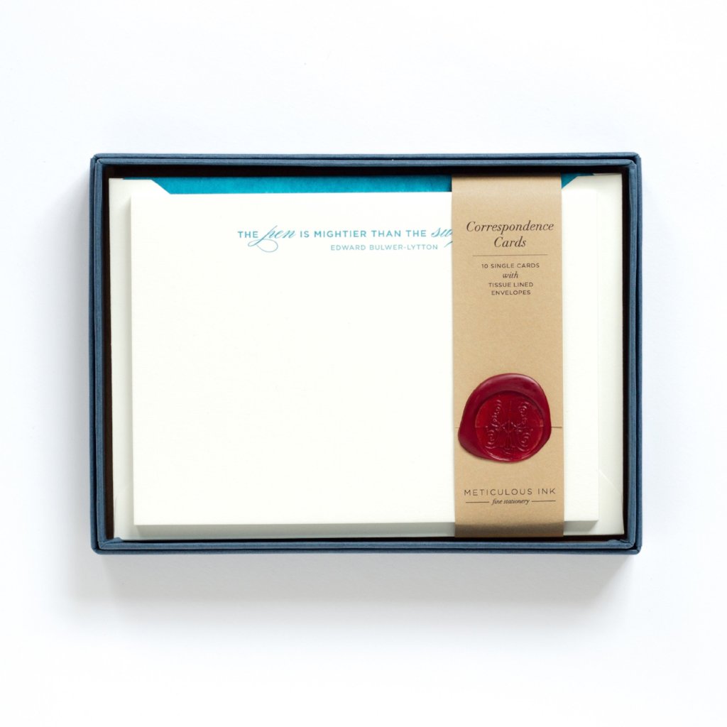 Pen is Mightier Letterpress Correspondence Cards in display box with wax seal