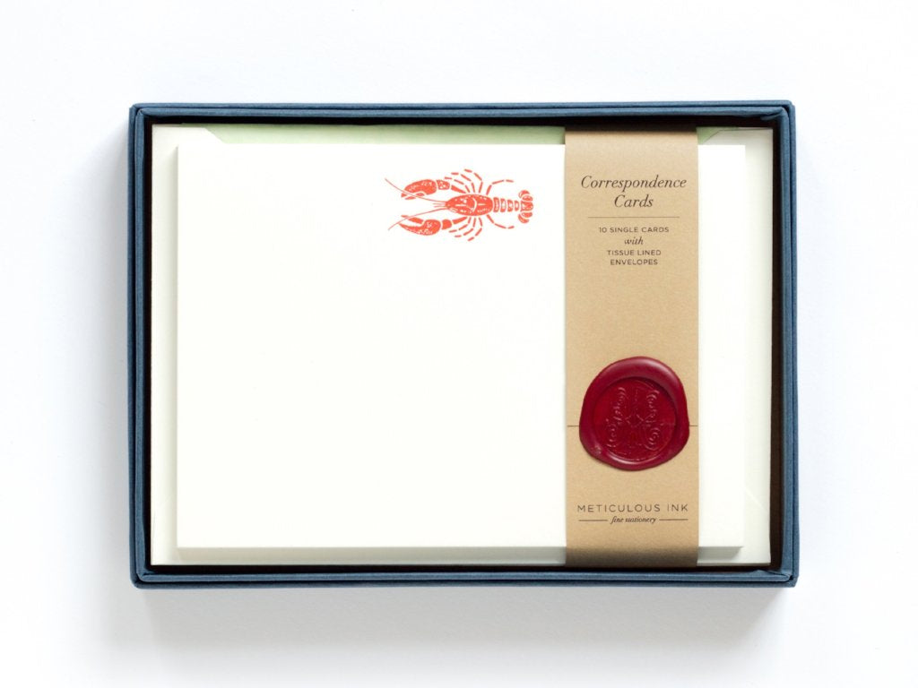 Lobster Letterpress Correspondence Cards in display box with wax seal