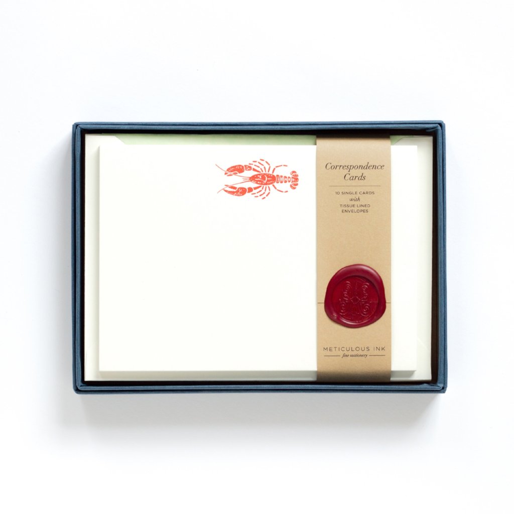 Lobster Letterpress Correspondence Cards in display box with wax seal