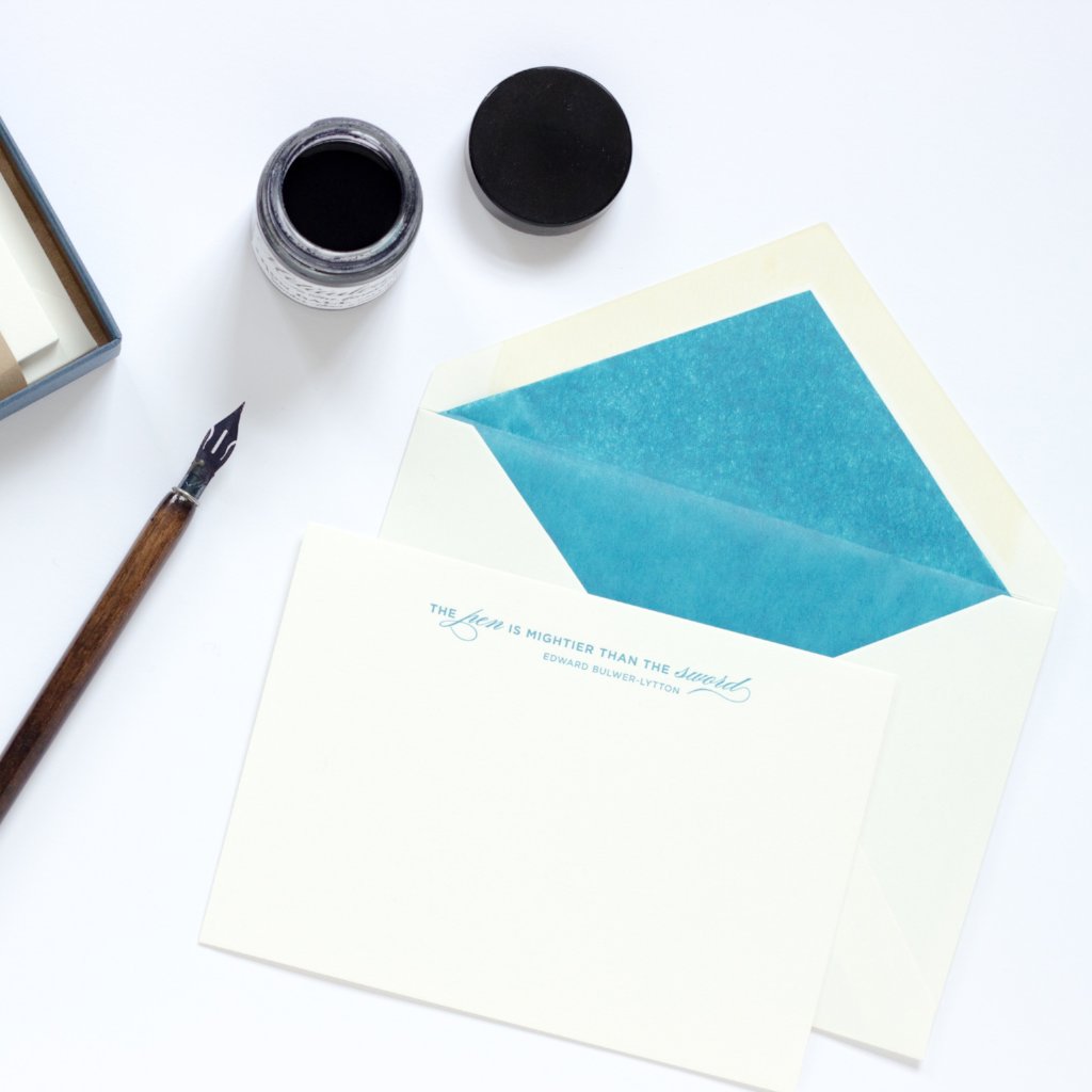 Pen is Mightier Letterpress Correspondence Card with blue tissue lined envelope and ink pot 
