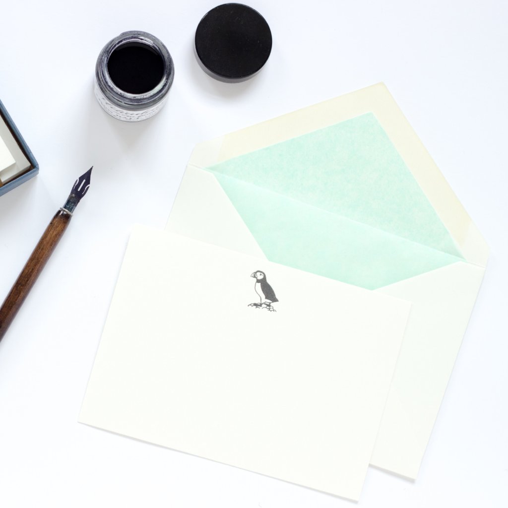 Puffin Letterpress Correspondence Card with light blue tissue lined envelope and ink pot