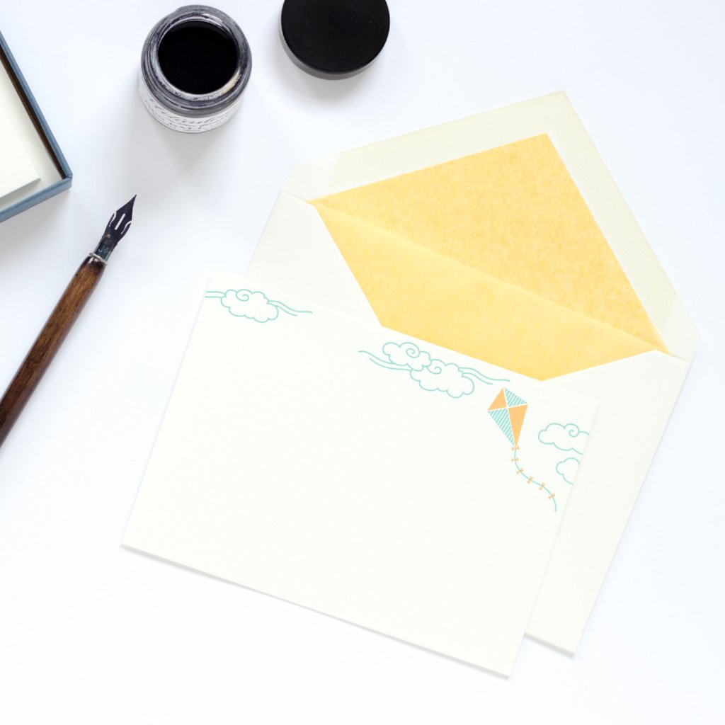 Kite Letterpress Correspondence Card with yellow lined envelope and ink pot