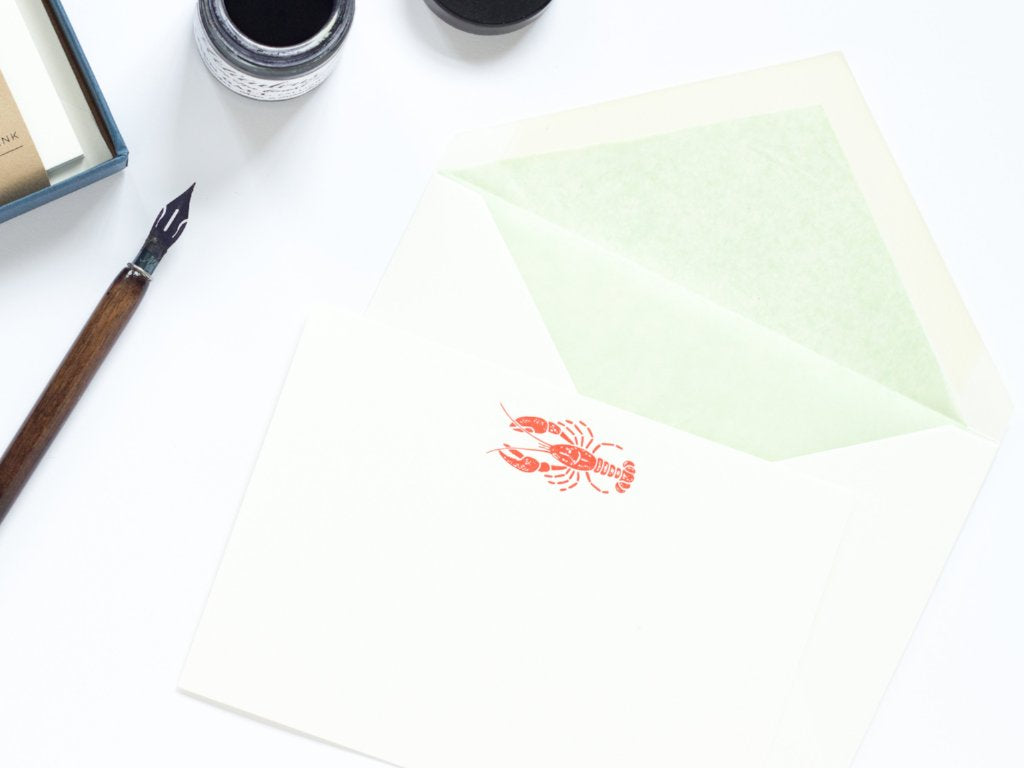 Lobster Letterpress Correspondence Card with green tissue lined envelope and ink pot