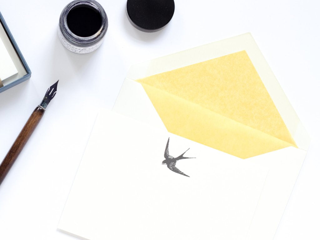 Swallow Letterpress Correspondence Card with yellow tissue lined envelope and ink pot 
