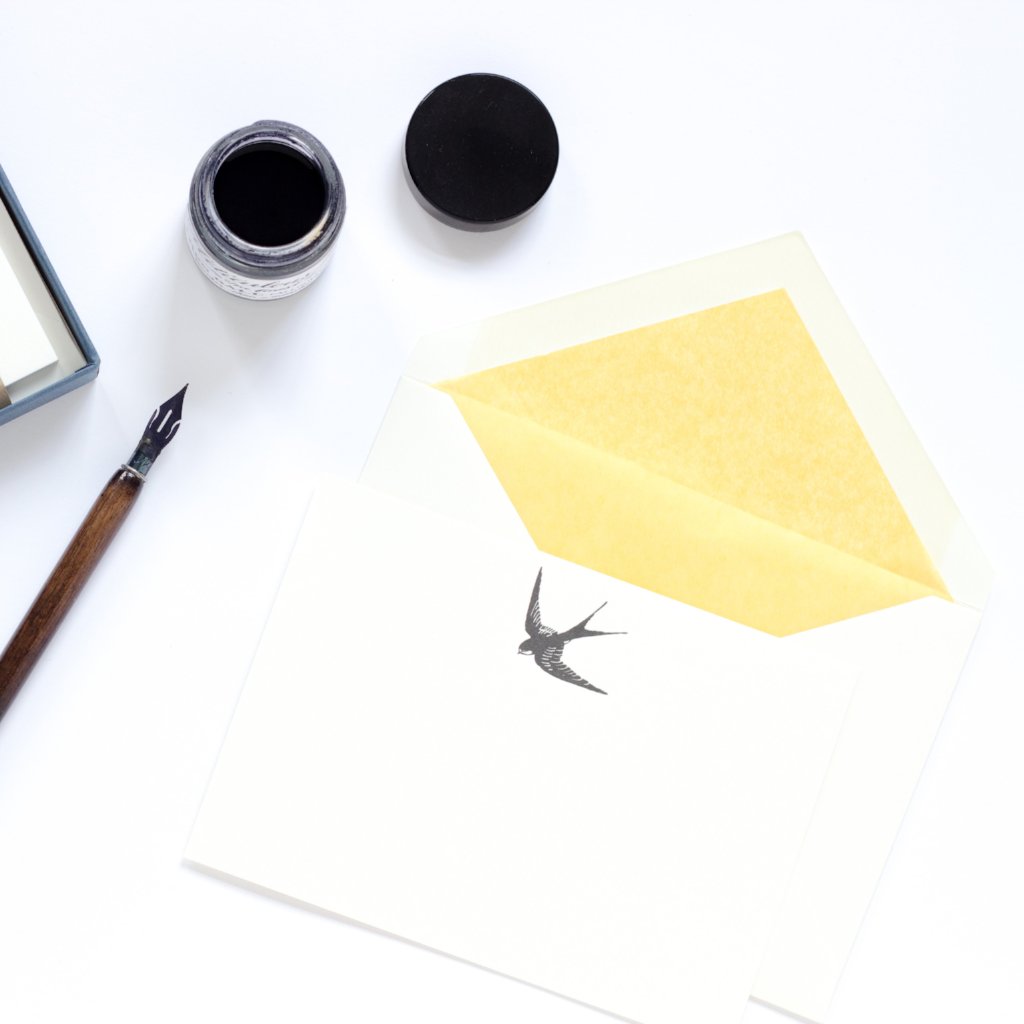 Swallow Letterpress Correspondence Card with yellow tissue lined envelope and ink pot 