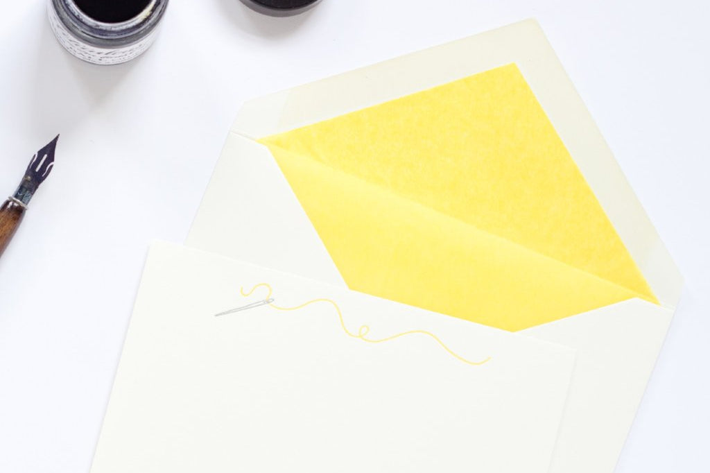 Sewing Letterpress Correspondence Card with yellow tissue lined envelope and ink pot
