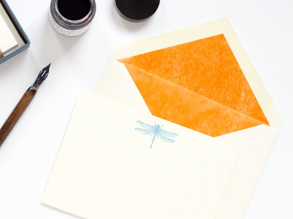 Dragonfly Letterpress Correspondence Card with orange tissue lined envelope ink pot and dip pen