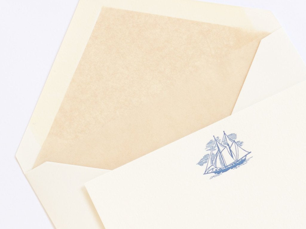 Single Ship Letterpress Correspondence Card with tan tissue lined envelope