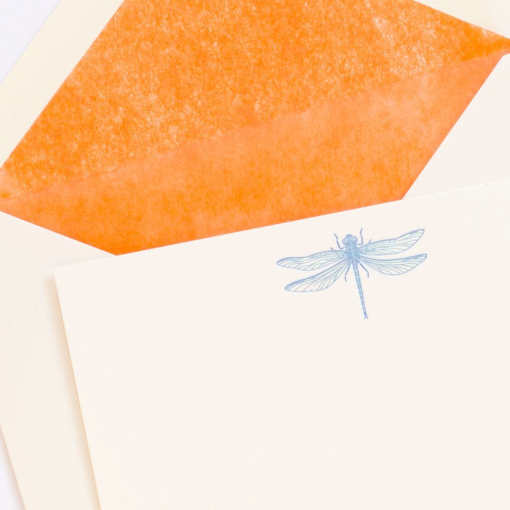 Dragonfly Letterpress Correspondence Card with orange tissue lined envelope