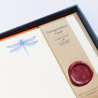 Dragonfly Letterpress Correspondence Cards in display box with wax seal close-up