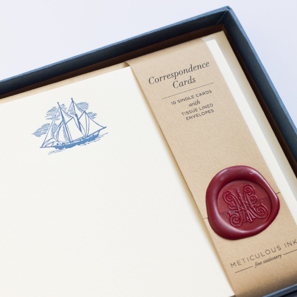 Close-up of Ship Letterpress Correspondence Cards in display box with wax seal