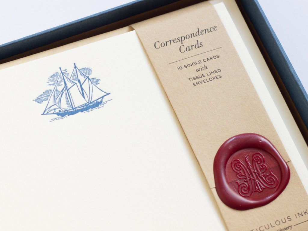 Close-up of Ship Letterpress Correspondence Cards in display box with wax seal