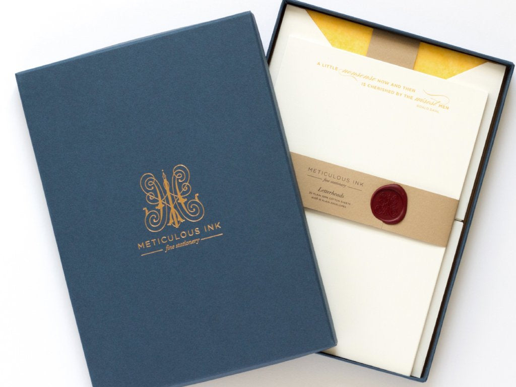Roald Dahl Letterpress Letterheads in display box with wax seal and lid with Meticulous Ink logo