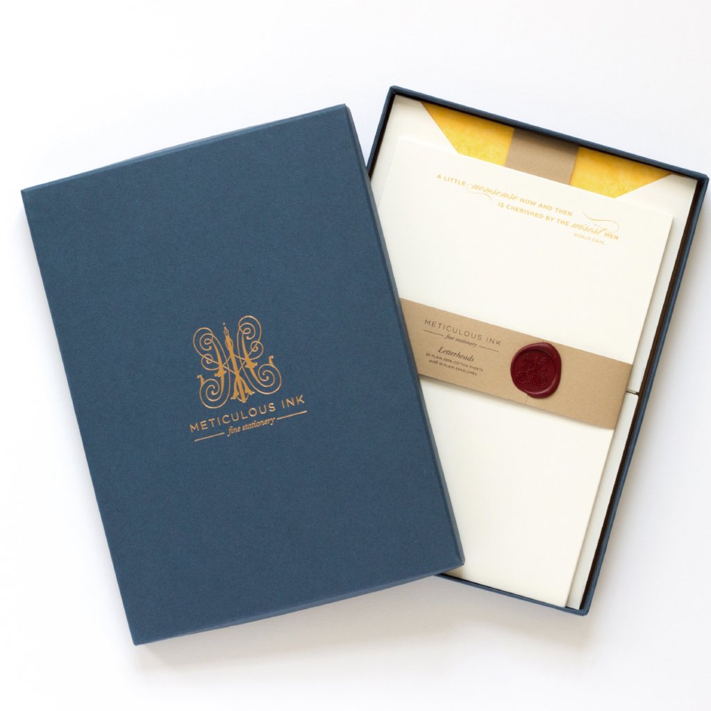 Roald Dahl Letterpress Letterheads in display box with wax seal and lid with Meticulous Ink logo