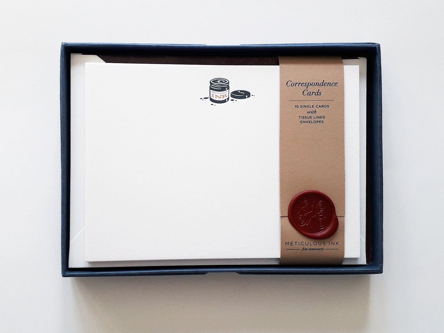 Ink Pot Letterpress Correspondence Cards in display box with wax seal